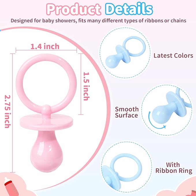 36 Plastic Pacifiers for Baby Shower Game, 2.75’’ Baby Shower Pacifiers, Blue Pacifiers for Baby Shower Decoration DIY, Gender Reveal Party Table Scatter/Baby Shower Party Favors(Blue&Pink)