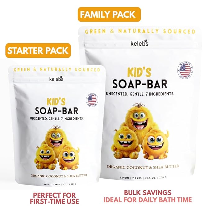 KELEBS Unscented Kids Soap Bar 7-Pack – Organic & Gentle Trio Oil Body Wash for Children – Soothes Dry & Delicate Skin – Only 7 Natural Ingredients
