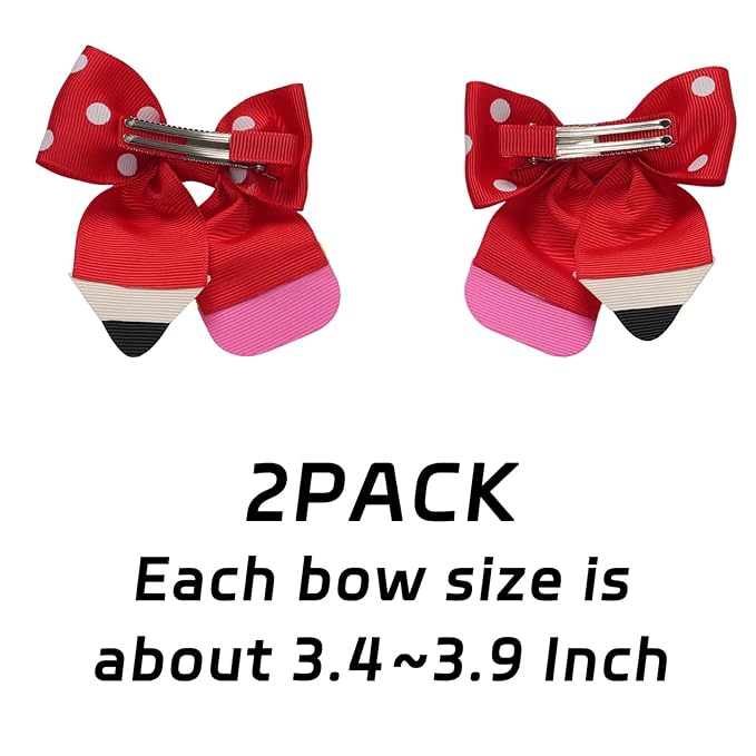YKW Red Polka Dot Pencil Hair Bow Clip for Girls, Cute School Themed Grosgrain Ribbon Accessory with Secure Metal Fastener, First Day Teacher Gift - 3.9 Inch