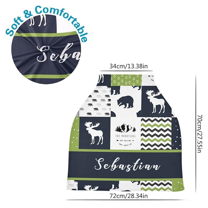 Personalized Baby Car Seats Cover with Name for Boys，Cutomized Woodland Bear Nursing Cover Multiuse Breastfeeding Scarf Infant Car Canopy Shower Gifts for Babies Newborn I