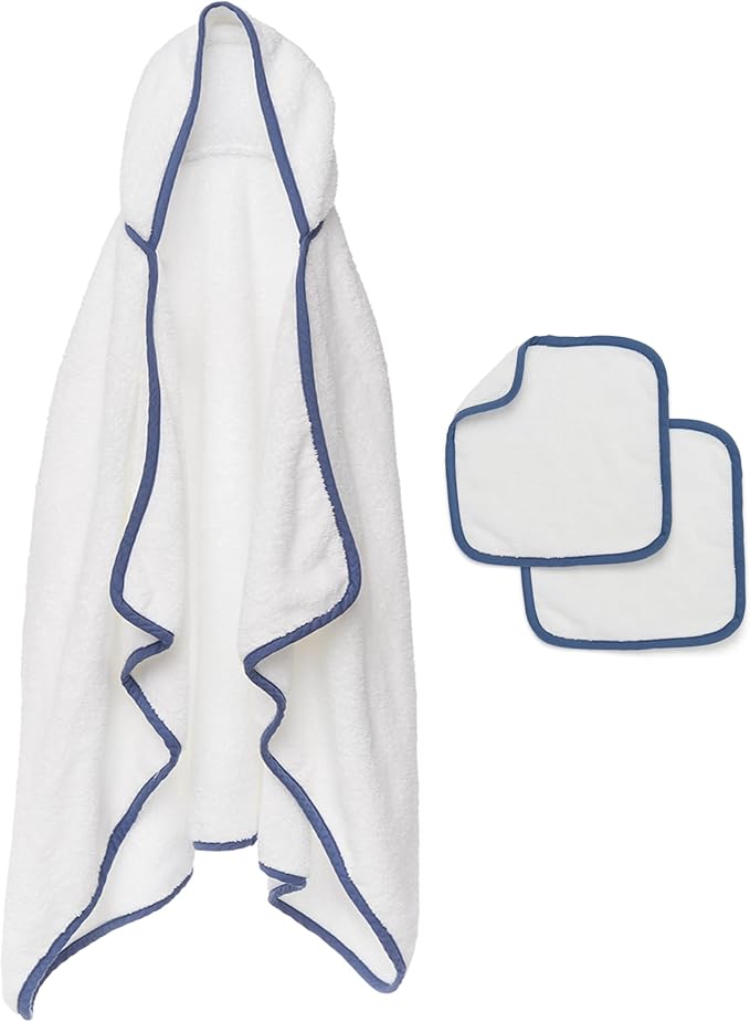 Lalo The Hooded Towel & Washcloth Set, 100% Organic Cotton, Soft on Sensitive Skin, Durable & Absorbent, Machine Washable, Includes One Baby Towel and Two Washcloths - Blueberry