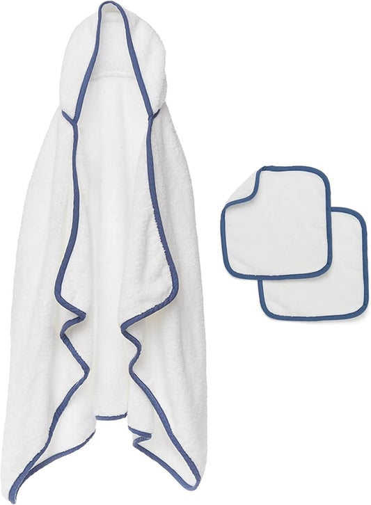 Lalo The Hooded Towel & Washcloth Set, 100% Organic Cotton, Soft on Sensitive Skin, Durable & Absorbent, Machine Washable, Includes One Baby Towel and Two Washcloths - Blueberry