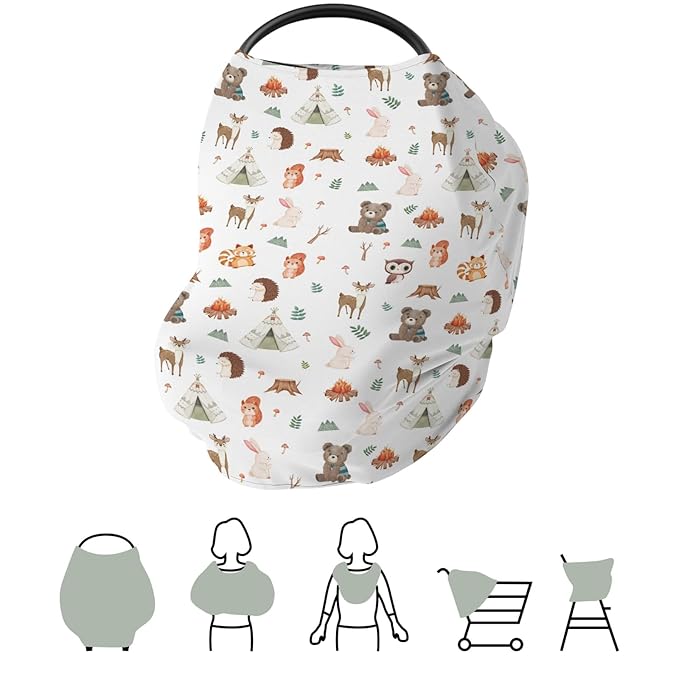 Camping Animals Car Seat Cover for Baby Bear Deer Raccoon Squirrel Bunny Hedgehog Owl Stretchy 5-in-1 Cover Adjustable Car Canopy Breastfeeding Cover Wildlife Breathable Nursing Cover-Up
