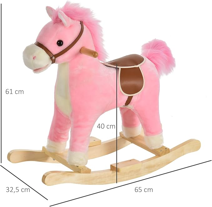 HOMCOM Children's Rocking Horse Baby Rocking Animal Horse with Animal Sounds Toy Handles for 36-72 Months Plush Pink 65 x 32.5 x 61 cm