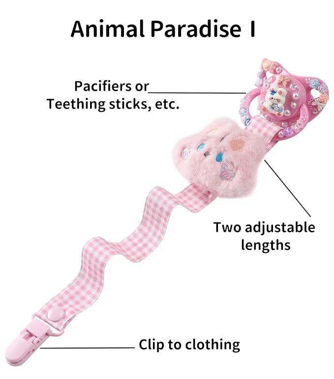 CutiePlusU Adult Pacifier Clip Adult Size Pacifier Holder Clip 4 Pack- Animal Paradise