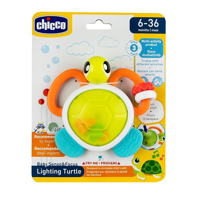 Chicco Light Turtle Electronic Turtle Rattle with Sound and Light, Soft Paws for Babies Hearing Stimulation Electronic Craft Toy 6-36 Months