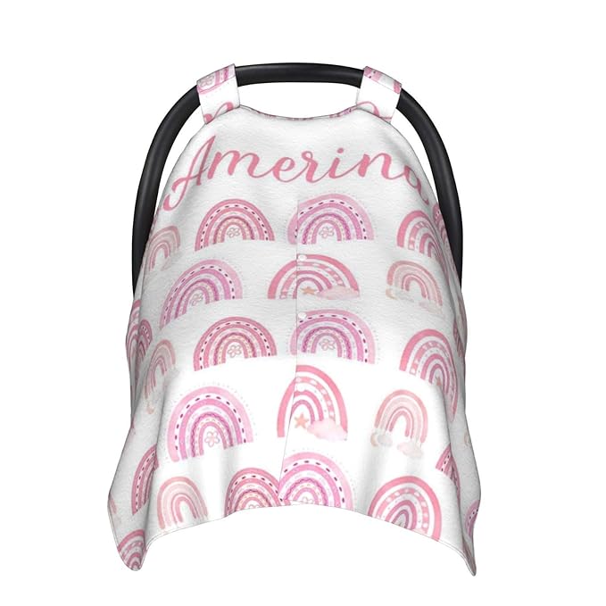 Personalized Rainbow Baby Car Seat Canopy for Girls, Custom Name Baby Carseats Cover, Multi-use Nursing Covers Breastfeeding Scarf for Infant Newborn, Strollers Carseat Canopies