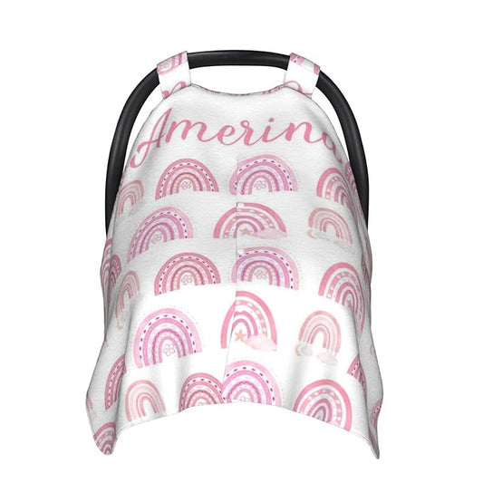Personalized Rainbow Baby Car Seat Canopy for Girls, Custom Name Baby Carseats Cover, Multi-use Nursing Covers Breastfeeding Scarf for Infant Newborn, Strollers Carseat Canopies