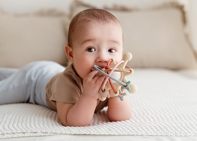 Cosmo Silicone Baby Rattle Teether – Multicolor | BPA-Free 3D Sensory Teething Toy | Multi-Textured Chewable Arms & Pullable Rings | Food Grade Silicone | Developmental Grip Toy 3-36 Months