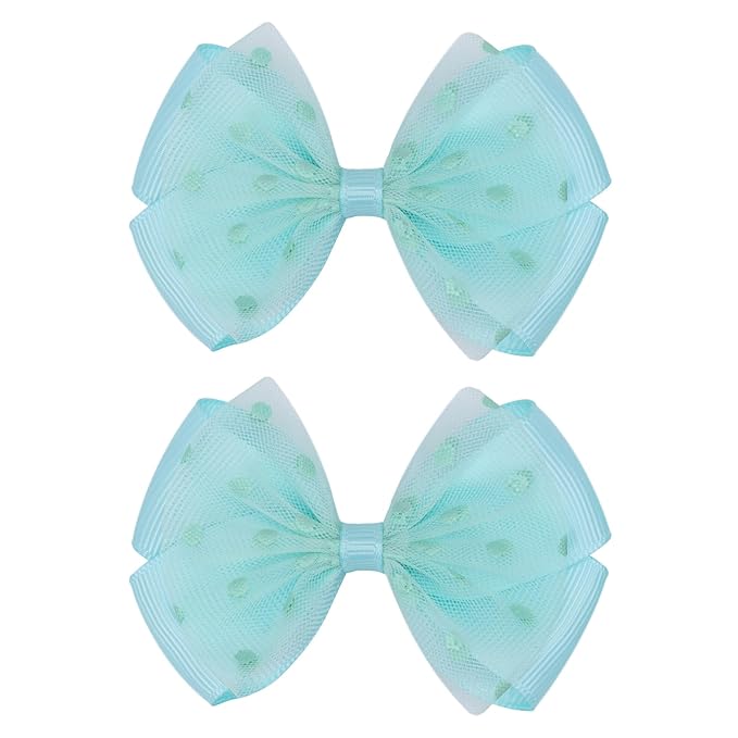 Tiny 3 Inch Dot Organza Double Hair Bow Clips - Cute Lined Boutique Alligator Hairpin for Girls, Toddlers, and Little Teens - Kids Barrettes Set of 2 Small Stylish (Green)