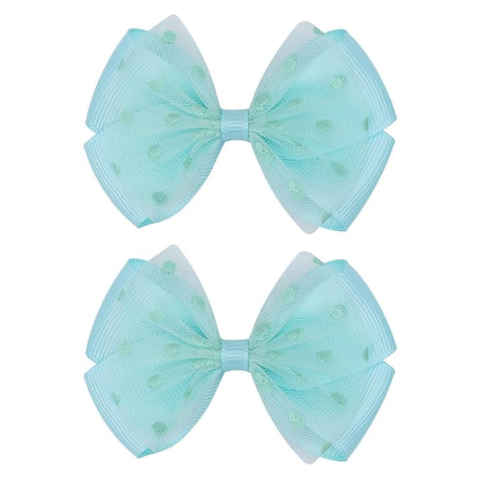 Tiny 3 Inch Dot Organza Double Hair Bow Clips - Cute Lined Boutique Alligator Hairpin for Girls, Toddlers, and Little Teens - Kids Barrettes Set of 2 Small Stylish (Green)