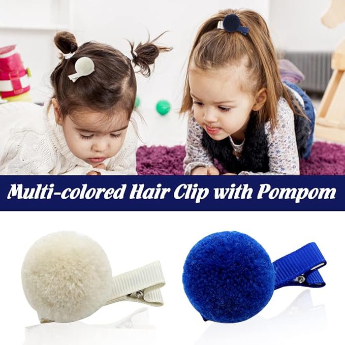 Cinaci Hair Clips, 24 Pack 1.2 Inch Candy Colorful Pom Pom Alligator Hair Clips with Small Cute Puffy Fuzzy Pompoms, Hair Accessories for Baby Girl Infant Toddler Kids