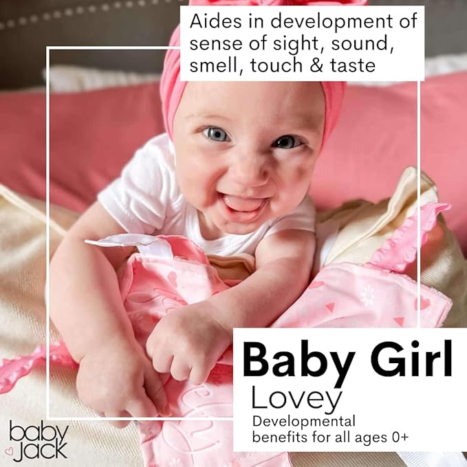 Baby Jack & Co 8x8” Learning Lovey Baby Girl Newborn Gender Reveal Tag Stroller Toy for Babies - Crinkle Toys for Developing Five Senses - Pink Hospital Blanket - Shower Gift - BPA Free Clip