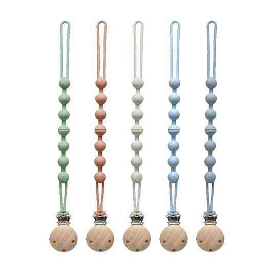 Pacifier Clip for Boys Girls - MORIBOX 5 Pack Paci Clip Soothie Baby Binky Holder for Shower Birthday Gift (Beige+Brown+Green+GBlue+SBlue)