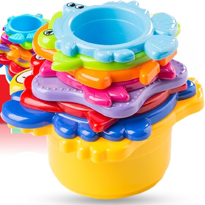 Baby Bath Stacking Cups – 8-Piece Montessori Beach & Bathtub Toy Set for Toddlers – BPA-Free, Easy-Drain, Educational Water Toy for Kids Ages 18 Months+ by Extasticks®
