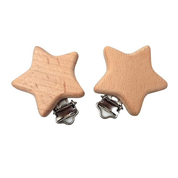 5pcs Natural Wood Suspender Pacifier Clips Cute Beech Wooden Animal Star Shape Clips Charm DIY Beading Pacifier Chain Accessory