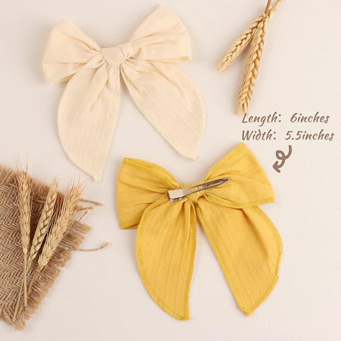 TOKUFAGU 7 Count 6 Inch Hair Clip Bows, Large Cotton Hair Accessories for Girls Toddlers Kids