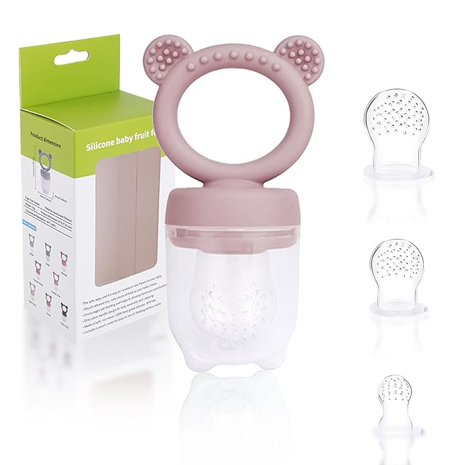 JEXFUN Baby Fruit Food Feeder Pacifier | Silicone Feeder and Teether for Infant Safely Self Feeding | Baby Teething Relief Toy Teether | Includes Additional Silicone Sacs, BPA Free (Light Pink)