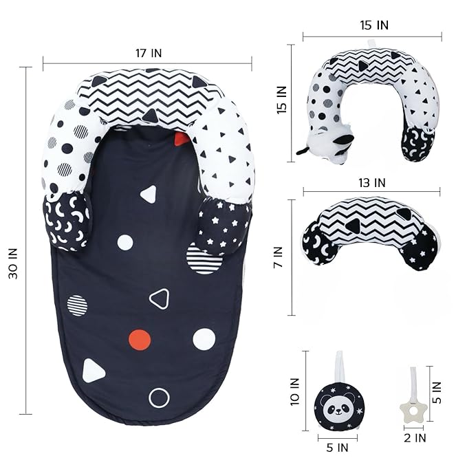 Aila+Aiden 2-in-1 Tummy Time Mat and Seated Support with Two Toys – for Newborns and Babies – Includes Detachable Cushion for Supervised Play & Head/Neck Development (Black/White)