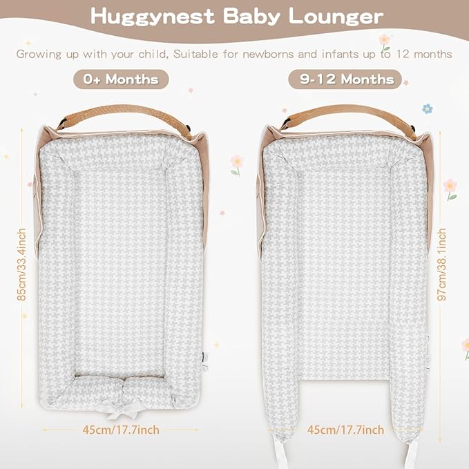 Baby Lounger for Newborn, Portable Breathable Baby Nest Infant Lounger Adjustable U-Shaped Safety Bumper for Cozy Comfort - Grey Houndstooth