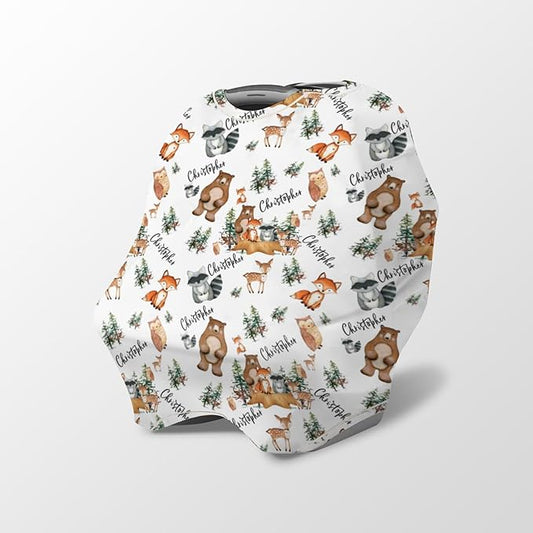 Personalized Baby Car Seat Cover Stroller Canopy: Custom Name Newborn Baby Boy Girl Elastic Woodland Animals Nursing Cover for Moms First Birthday Gift Fox Bear Watercolor(one Size)