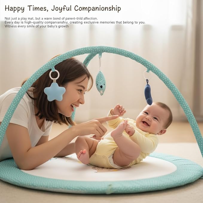 Baby Play Gym Mat & Activity Mat - 100% Cotton Soft Playmat with 6 Detachable Toys for Tummy Time, Machine Washable, Sensory Development Gift (Hedgehogs)
