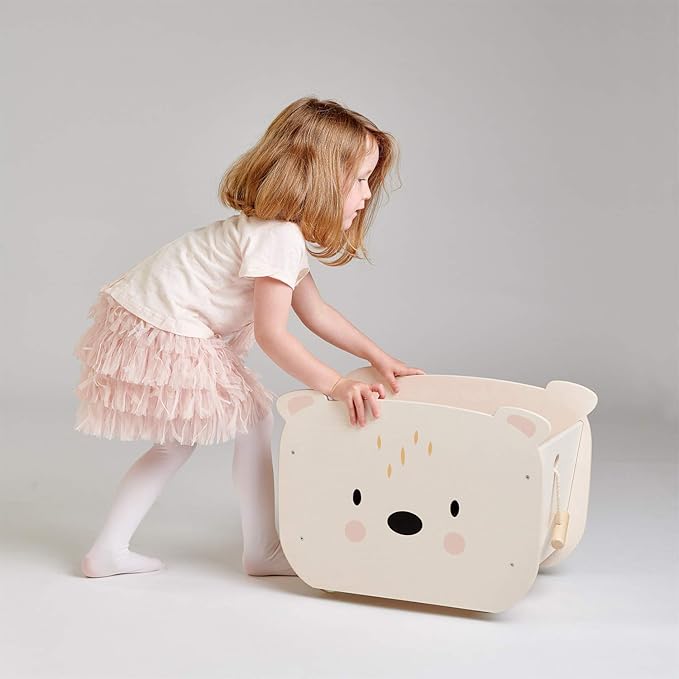 Tender Leaf Toys - Pull Along Bear Cart for Kids - Wooden Cart with Wheels for Moving Play Toys Books for Kids 3 Years+