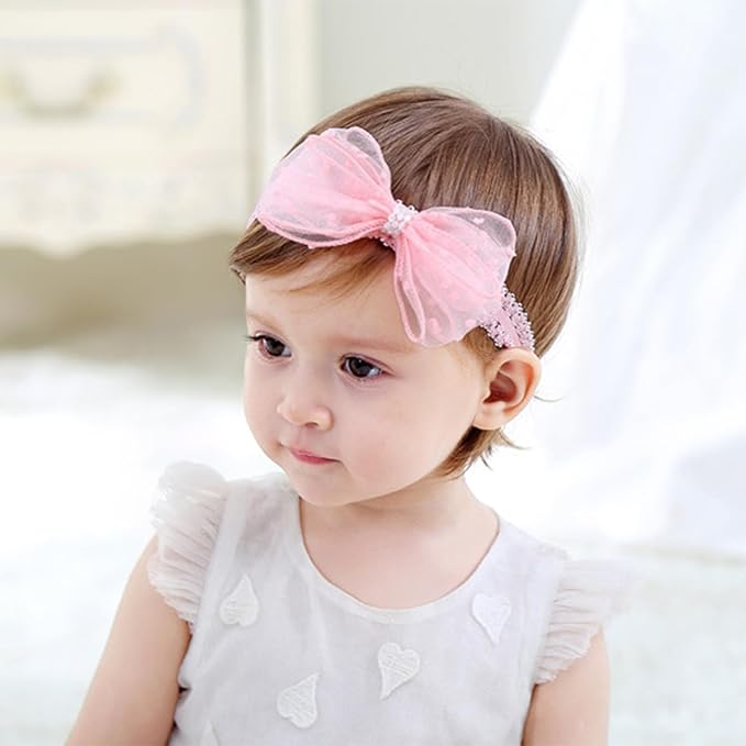 Baby Girl Bows Lace Headband Soft Cotton Tulle Hair Band Princess Infant Head Wrap Turban Ribbon Bow-knot Elastic Hair Accessory for Newborn Infant Toddler (Pink, Standard size)