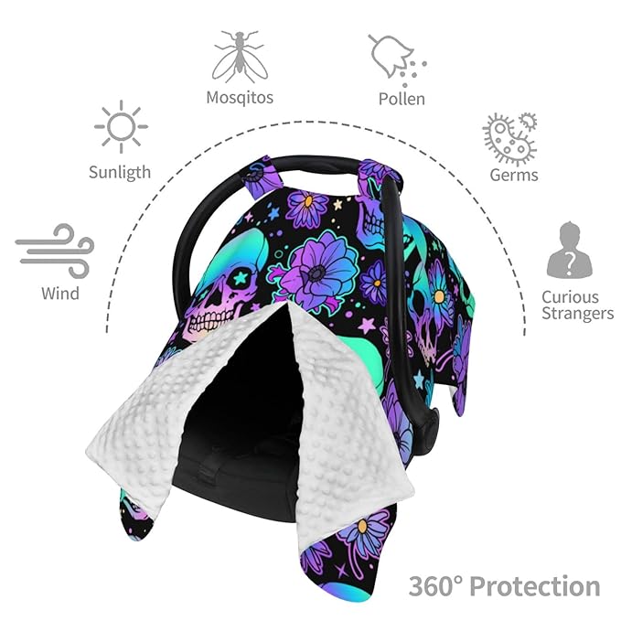 Neon Purple Skull Car Seat Covers for Babies Peekaboo Opening Carseat Cover Soft Nursing Stroller Cover Canopy for Shower Gift Newborn