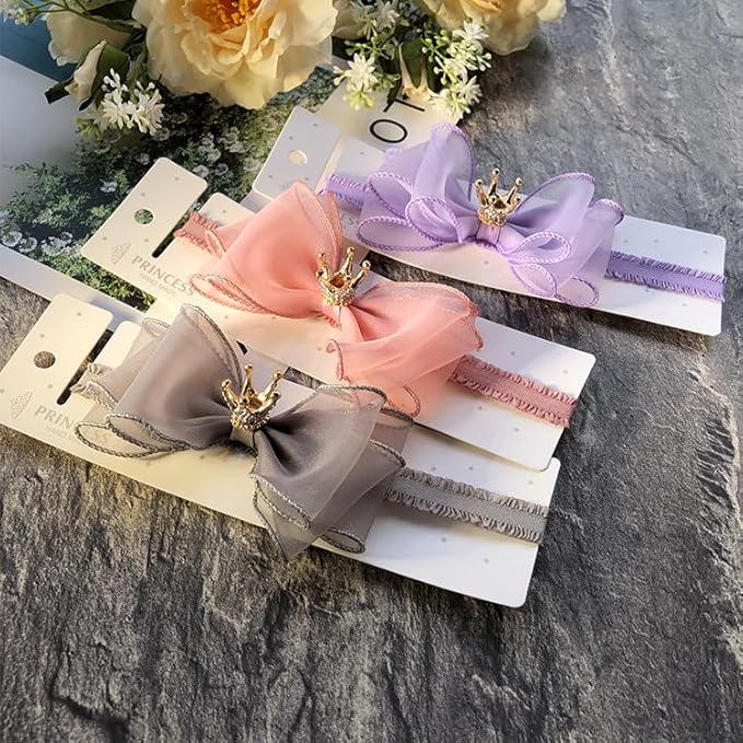 Cute Baby Girl Headband with Lace Bow and Crown Elastic Lace Bow Hair Band Newborn to Toddler Hair Accessory Shower Birthday Party Gift (Gray, Free)
