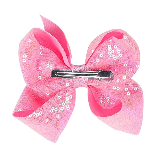 6 Inch Pink Sparkly Glitter Sequin Hair Bows for Girls Toddlers Kids Children Teenage (2PCS)