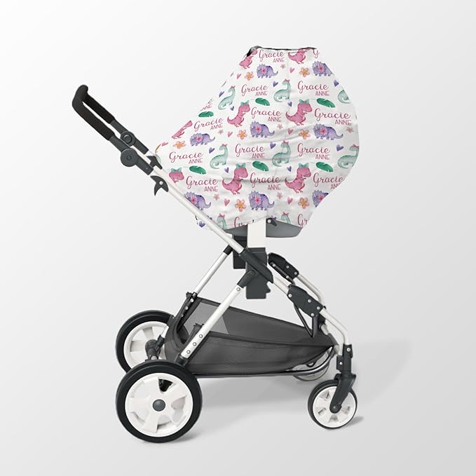 Personalized Baby Car Seat Cover Stroller Canopy: Custom Name Newborn Baby Boy Girl Elastic Animals Nursing Cover for Moms First Birthday Gift Pink Dinosaur(one Size)