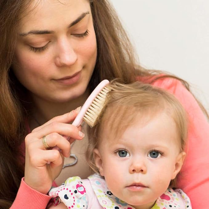 Baby Hair Brush and Comb Set for Newborns & Toddlers，Natural Soft Bristles，Ideal for Cradle Cap， Baby Registry Gift (Pink)