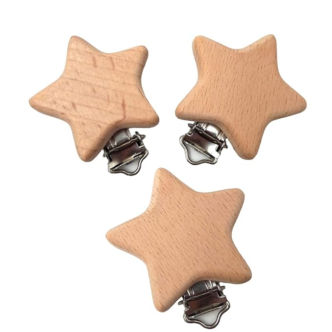 20pcs Natural Wood Suspender Pacifier Clips Cute Beech Wooden Animal Star Shape Clips Charm DIY Beading Pacifier Chain Accessory