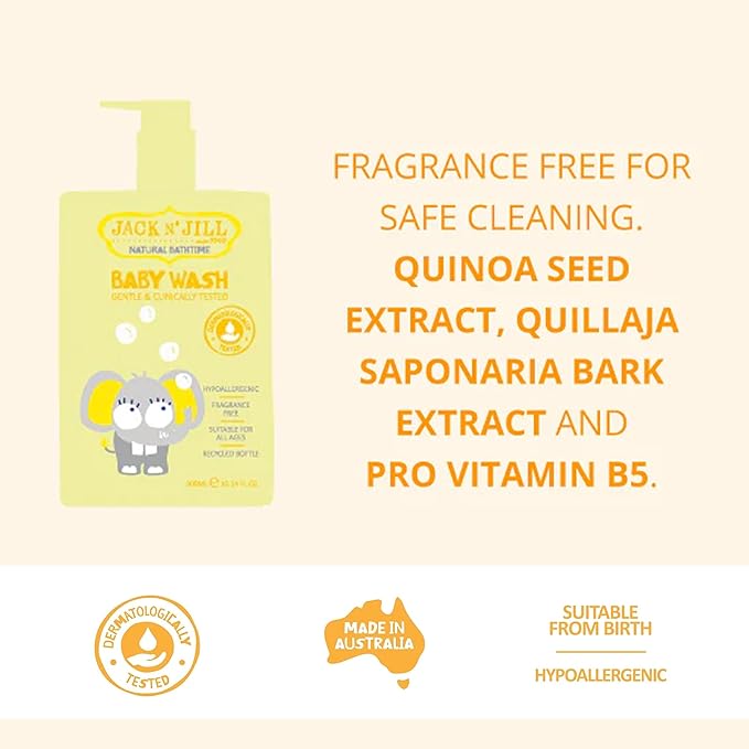 Jack N' Jill Natural Bathtime Baby Wash - Baby Wash for Sensitive Skin, Hypoallergenic, Fragrance Free, Dermatologically Tested, Perfect for Newborns, Vegan - Scent Free, 300 mL (Pack of 1)