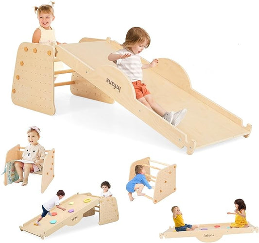 INFANS 7 in 1 Climbing Toys for Toddlers, Upgrade Wooden Montessori Cube Climber Set with Reversible Ramp Slide Ladder Seesaw, Indoor Pikler Climb Activity Jungle Gym Present for Kids Age 3+