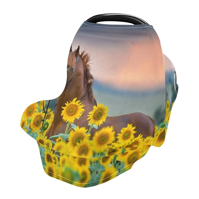 Horse Sunflowers Baby Car Seat Covers, Nursing Cover Breastfeeding Scarf Soft Breathable Stretchy Coverage, Infant Stroller Cover for Boys Girls