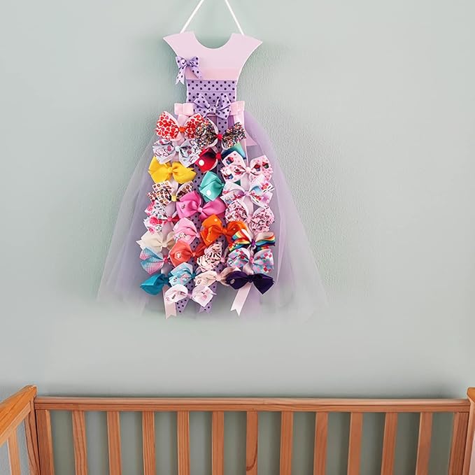 Bow Holder for Girls Hair Bows, Purple Princess Dress Hairbow Organizer, Wall Hanger Bow Rack Organizer for Girls Baby Room
