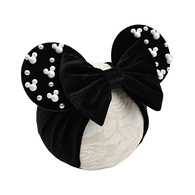 JIAHANG Black Velvet Mouse Ears Turban Headwrap with Beads, Wide Velour Hair Bow Hairband for Unisex Baby, Infants, Toddler, Kids, Newborns