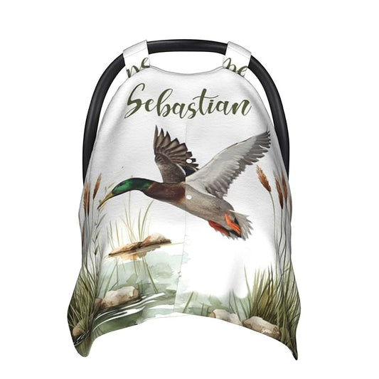 Wild Duck Baby Car Seat Cover with Custom Name – Multipurpose Nursing Cover, Stroller Cover, Breastfeeding Privacy Canopy – Soft Breathable Blanket for Boys, Shower Gift