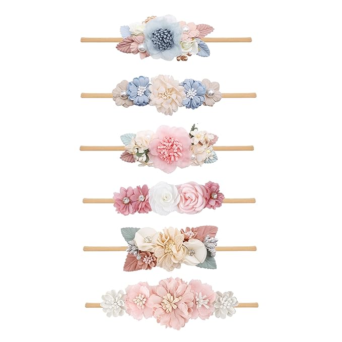 Baby Girl Flower Headband 6 PCS Elastic Hairbands Handmade Nylon Bows Headbands Chic Floral Hair Accessories Kids Gifts for Newborn Infant Toddlers