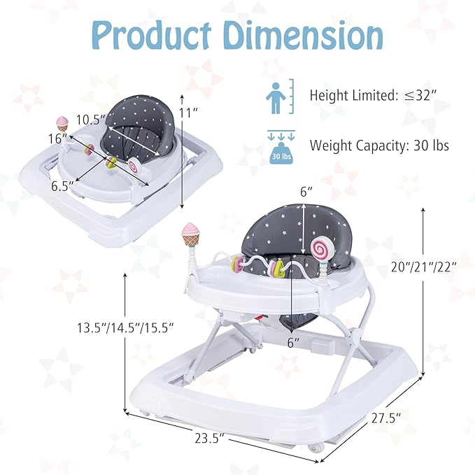 HONEY JOY Baby Walker, Foldable Toddler Walker with Toys, Push Walker for Boys and Girls, Adjustable Height, High Back Padded Seat, Infant Activity Walker with Wheels (Gray)