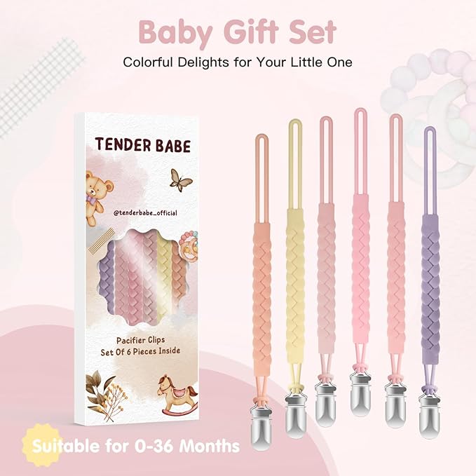 TenderBabe Silicone Pacifier Clip for Baby Girls and Boys, Pack of 6 Soft Flexible Paci Binky Clips with One-Piece Braided-Style Design,BPA-Free Baby Essentials