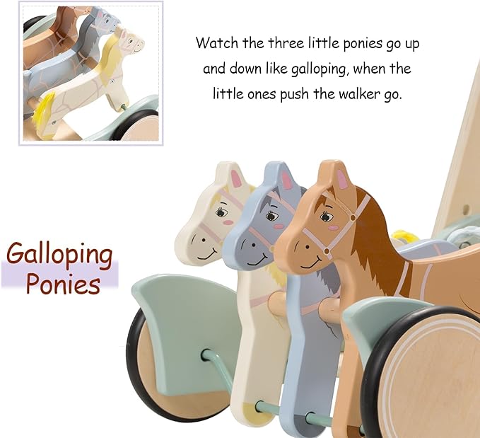 Giant bean Wooden Baby Push Walker for Boys Girls Ages 1-3, Galloping Ponies Push and Pull Activity Walker Adjustable Speed, Baby Push Walker Christmas Gift for Toddler Kids Motor Skills & Creativity