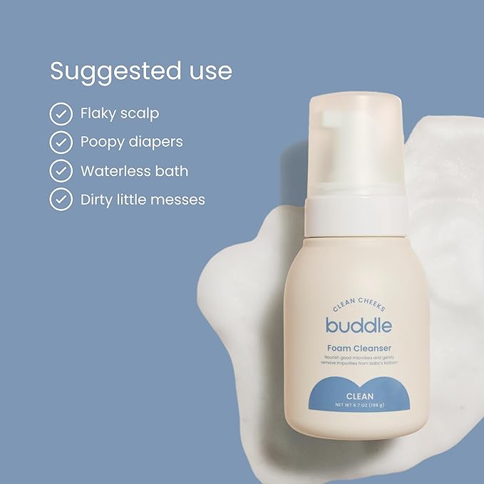 Buddle Clean Cheeks Baby Micellar No-Rinse Foam Cleanser for Diaper Changes, Microbiome Friendly and Gentle for Sensitive Skin, Paraben & Fragrance Free, 6.7oz