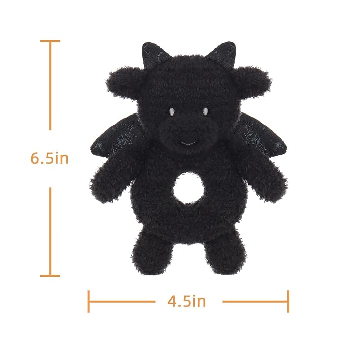 Apricot Lamb Dragon Rattle Soft Baby Rattle for Boys and Girls, Plush Stuffed Animal Rattle Toy Lovey for The Newborn, 0-3 Months, 0-6 Months and Above, 4.8 Inches (Black)