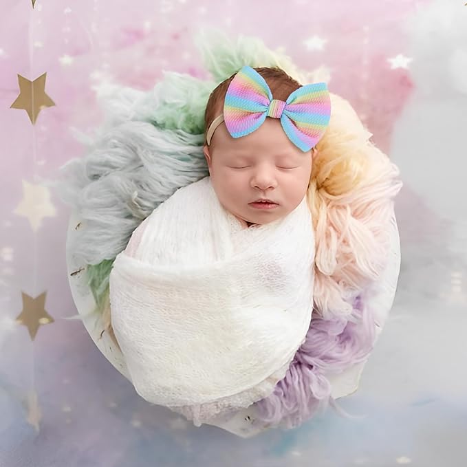 4.5'' Baby Bows Handmade Headbands 6'' Printed Tied Bow Elastic Nylon Hair Accessories for Baby Girls Newborn Infant 2 Pcs Striped Rainbow