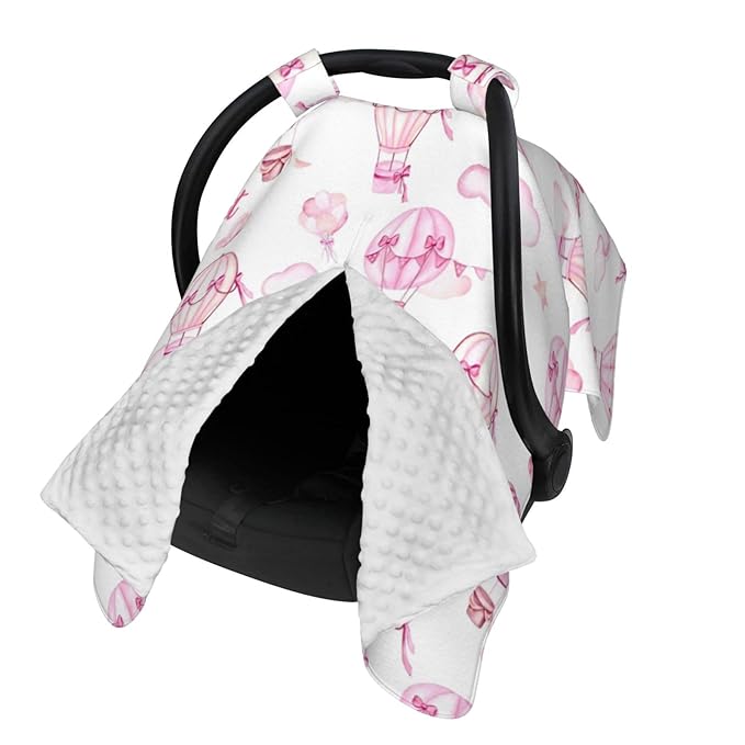 Personalized Baby Car Seat Canopy for Baby Girls, Custom Name Hot Air Balloons Baby Car Seat Covers for Babies, Opening Minky Nursing Breastfeeding Cover for Infant, Carseat Canopies for Newborn