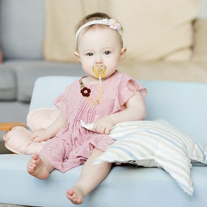 Baby's Breath 5 Pack Pacifier Clips with Adjustable Strap (14.5-18.3 in) - Handmade Boho Style Flower Design, Soft Textile Baby Holder Set for Girls, Neutral Colors for Any Outfit