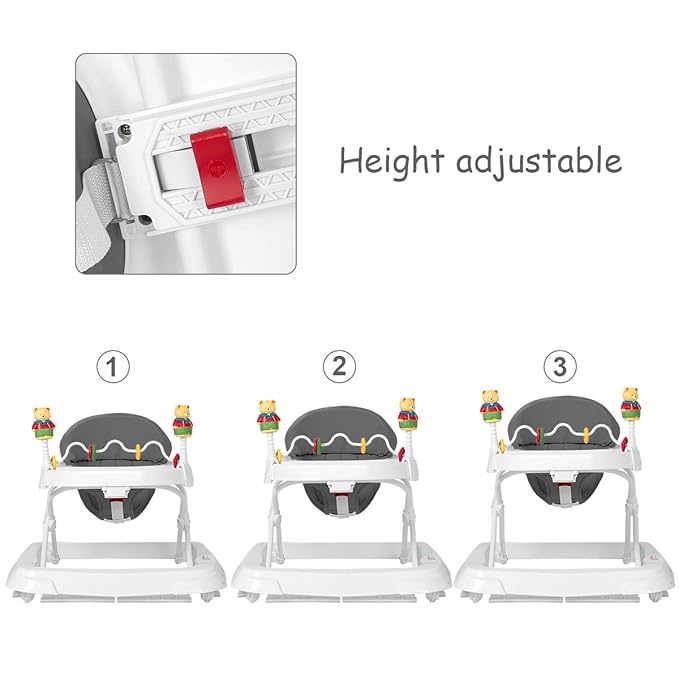 Baby Walker, Collapsible Baby Activity Walker with Walking Toys & 3-Levels Adjustable Height, Comfy High Back Seated Baby Walker with Wheels for Boys & Girls (Grey)